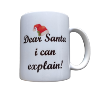 Χριστουγεννιάτικη λευκή κούπα πορσελάνης 325ml με εκτύπωση "Dear Santa i can explain" - πηλός, άγιος βασίλης, είδη κουζίνας
