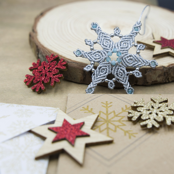 Ασημένιο Στολίδι χιονονιφάδα για το χριστουγεννιάτικο δέντρο με Χαλκηδόνιο και κάρτα με χριστουγεννιάτικη ευχή 6,5 εκ. - νήμα, χιονονιφάδα, στολίδια - 2