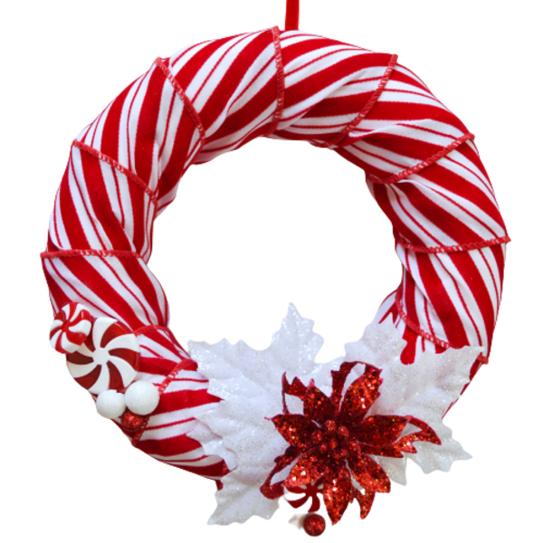 Χριστουγεννιάτικο στεφάνι από φελιζόλ διαμέτρου 20 εκ. στολισμένο με λευκή-κόκκινη κορδέλα και λουλούδια - ύφασμα, ριγέ, στεφάνια, διακοσμητικά, candy