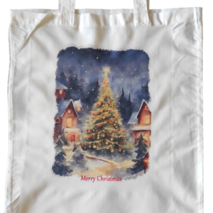 Χριστουγεννιάτικη λευκή υφασμάτινη tote bag με μακρύ χερούλι "Christmas tree"37χ41εκ. - ύφασμα, vintage, λευκά είδη, δέντρο - 2