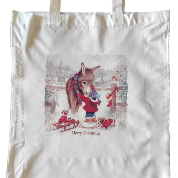 Χριστουγεννιάτικη λευκή υφασμάτινη tote bag με μακρύ χερούλι "Christmas donkey"37χ41εκ. - ύφασμα, vintage, λευκά είδη - 2