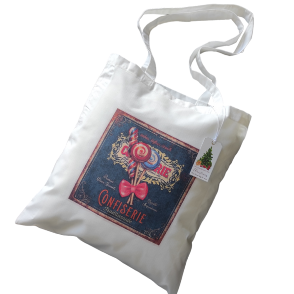 Χριστουγεννιάτικη λευκή υφασμάτινη tote bag με μακρύ χερούλι "Lollipops"37χ41εκ. - ύφασμα, vintage, λευκά είδη