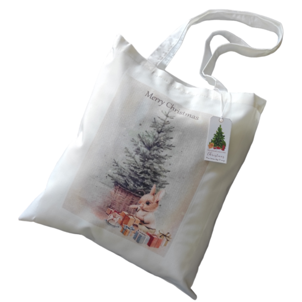 Χριστουγεννιάτικη λευκή υφασμάτινη tote bag με μακρύ χερούλι "Christmas baby bunny"37χ41εκ. - ύφασμα, vintage, λευκά είδη, δέντρο