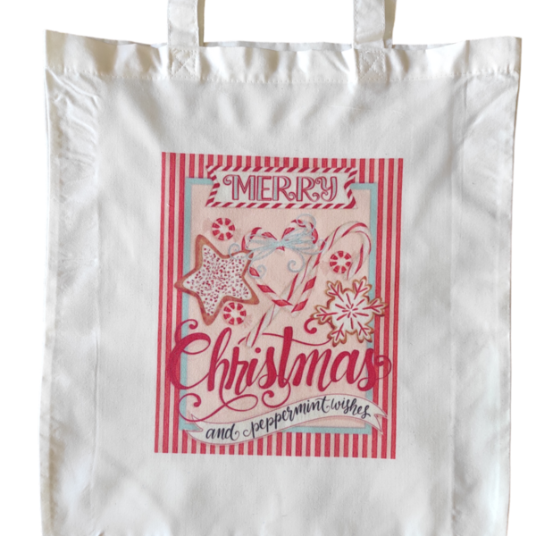 Χριστουγεννιάτικη λευκή υφασμάτινη tote bag με μακρύ χερούλι "Pink Merry Christmas"37χ41εκ. - ύφασμα, vintage, λευκά είδη - 2