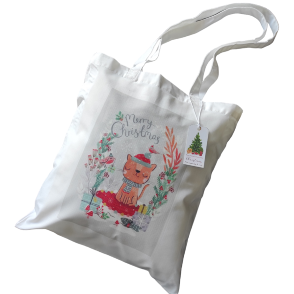 Χριστουγεννιάτικη λευκή υφασμάτινη tote bag με μακρύ χερούλι "Christmas dog"37χ41εκ. - ύφασμα, vintage, λευκά είδη