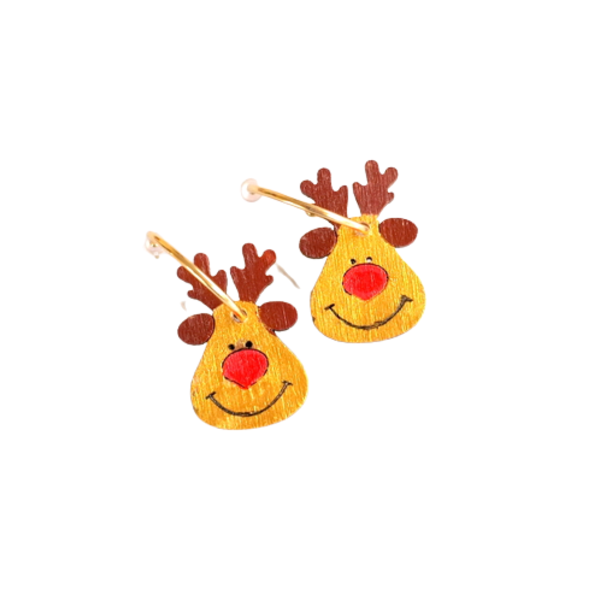 Ξύλινα σκουλαρίκια "Τάρανδος" σε χρυσό χρώμα - ξύλο, κρίκοι, κοσμήματα, χριστουγεννιάτικα δώρα