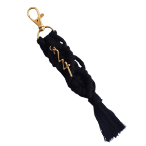 Γούρι μπρελόκ κλειδιών μακραμέ μαύρο με χρυσό μπρελόκ από βαμβακερό νήμα 18cm - νήμα, αξεσουάρ, πλεκτά μπρελόκ, γούρι 2024 - 2