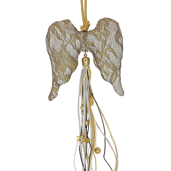 Χειροποίητο Υφασμάτινο Γούρι 2024 Φτερά Αγγέλου Λευκό/Χρυσό 14cm x 13cm - ύφασμα, αγγελάκι, γούρια
