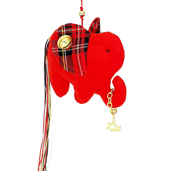 Χειροποίητο Κρεμαστό Υφασμάτινο Γούρι 2024 Ελέφαντας Κόκκινο Καρό 14cm x 16cm - ύφασμα, βελούδο, γούρια