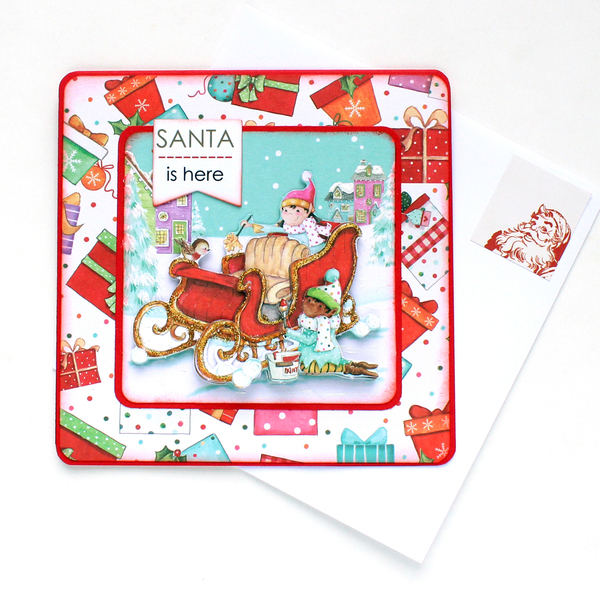 Χριστουγεννιάτικη 3d ευχετήρια τετράγωνη κάρτα "Santa is here" - χαρτί, 3d, ευχετήριες κάρτες - 2