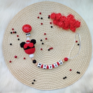 Κλιπ πιπίλας κόκκινο μαύρο Minnie με όνομα - personalised, δώρα για μωρά, κλιπ πιπίλας, προσωποποιημένα - 2