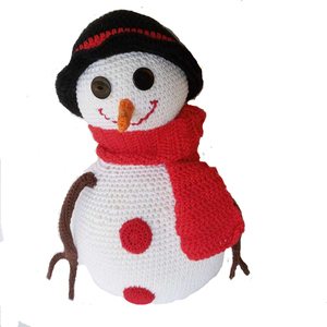 Πλεκτό κουκλάκι χιονάνθρωπος με μαύρο καπέλο και κόκκινο κασκόλ, βαμβακερό 100% ύψος 35cm. - χριστουγεννιάτικα δώρα, 100% βαμβακερό
