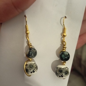 Porcelain earrings - ημιπολύτιμες πέτρες, μακριά, λουλούδι, νυφικά, γάντζος