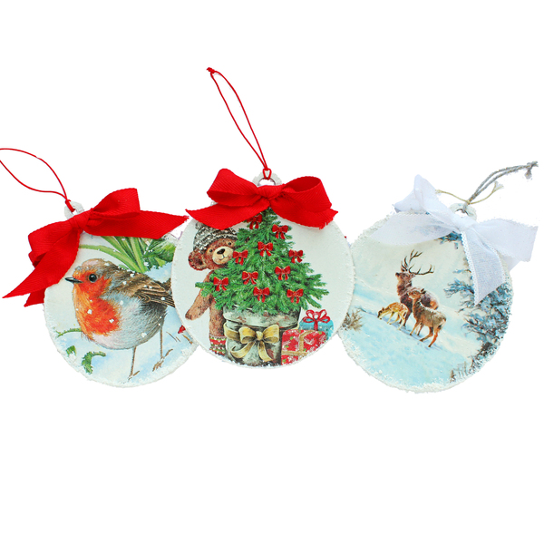 Χριστουγεννιάτικο στολίδι διπλής όψης από ξύλο με decoupage και πάστα χιονιού - ξύλο, χαρτί, χριστουγεννιάτικα δώρα, στολίδια - 2