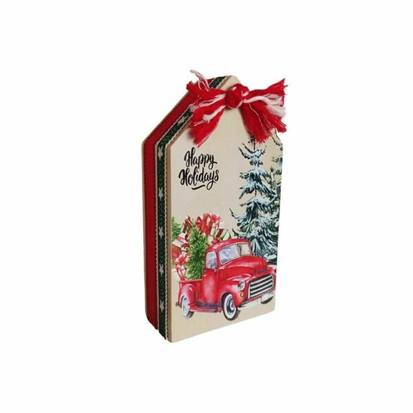 Γούρι 2024 ξύλινο σπιτάκι happy holidays 15*8*4εκ. κόκκινο αυτοκίνητο - ξύλο, σπίτι, αυτοκίνητα, χριστουγεννιάτικα δώρα, στολίδια