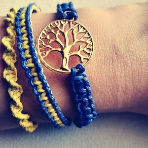 Σετ 3 μακραμέ βραχιόλια σε χρώματα μπλε και κίτρινο με στοιχείο δέντρο της ζωής - κορδόνια, δέντρο της ζωής, χεριού, αυξομειούμενα - 2