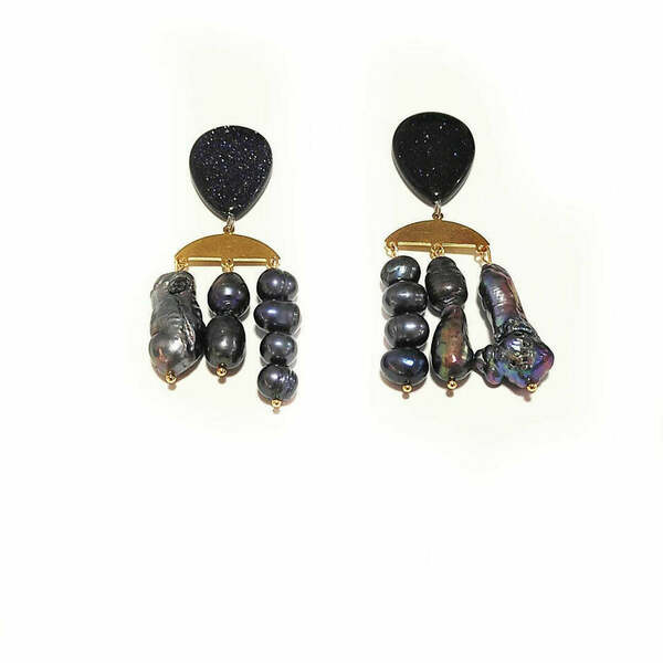 Σκουλαρίκια με μαύρα μαργαριτάρια - ημιπολύτιμες πέτρες, μαργαριτάρι, boho, μεγάλα, με κλιπ
