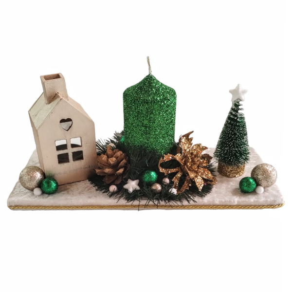 Χριστουγεννιάτικο επιτραπέζιο διακοσμητικό με κερί και βάση σαμπανί βελούδο 30×13,5×12,5cm - ύφασμα, χριστούγεννα, χριστουγεννιάτικα δώρα, πρωτοχρονιά, κεριά & κηροπήγια - 2