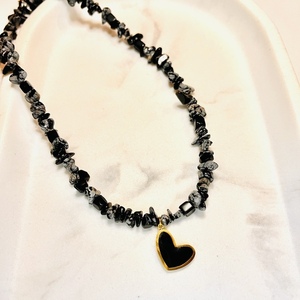 Black heart necklace - ημιπολύτιμες πέτρες, καρδιά, κοντά, ατσάλι
