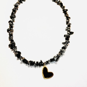 Black heart necklace - ημιπολύτιμες πέτρες, καρδιά, κοντά, ατσάλι - 3