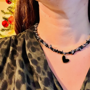 Black heart necklace - ημιπολύτιμες πέτρες, καρδιά, κοντά, ατσάλι - 4
