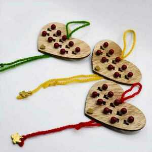 Χειροποίητο ξύλινο στολίδι γούρι καρδιά νήμα & ημιπολύτιμες - ξύλο, νήμα, καρδιά, στολίδι, γούρια - 3