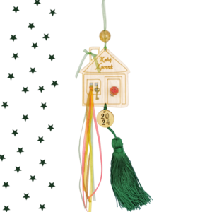 Γούρι 2024 - Ξύλινο κρεμαστό γούρι σπιτάκι με πράσινη φούντα, ρόδι και κλειδάκι - ξύλο, σπίτι, μέταλλο, χριστουγεννιάτικα δώρα, γούρια - 2