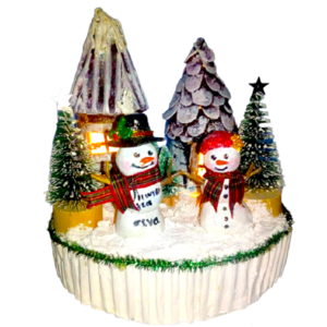 Χειροποιητη Χριστουγεννιατικη συνθεση Γουρι 2024. φωτιζομενη(με led μπαταριας),με χιονανθρωπους απο πηλο - ξύλο, vintage, σπίτι, πηλός, διακοσμητικά