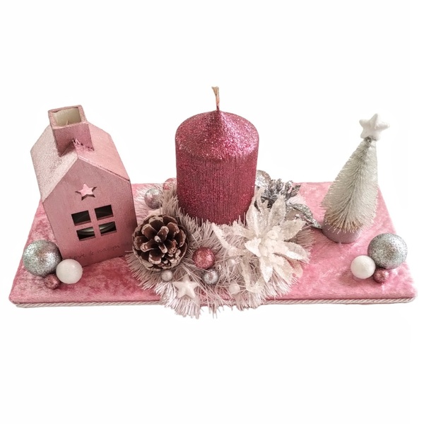 Χριστουγεννιάτικο επιτραπέζιο διακοσμητικό με κερί και βάση σαμπανί βελούδο 30×13,5×12,5cm - ύφασμα, χριστούγεννα, χριστουγεννιάτικα δώρα, πρωτοχρονιά, κεριά & κηροπήγια - 3