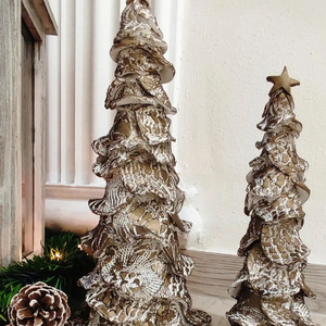 Σετ 2 χριστουγεννιάτικα δέντρα σε φυσικό λευκό με bronze λεπτομέρειες - vintage, πηλός, διακοσμητικά, χριστούγεννα, δέντρο - 3