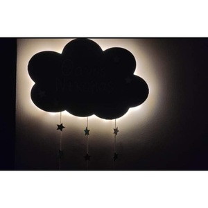 Ξύλινο επιτοίχιο φωτιστικό "Σύννεφο με αστεράκια και ονομα" με led φωτισμό 40cm - κορίτσι, αγόρι, προσωποποιημένα - 3