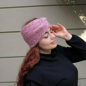 Χειροποίητη πλεκτή κορδέλα μαλλιών σε ροζ tweed χρωμα. - μαλλί, turban, headbands - 2