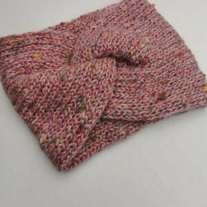 Χειροποίητη πλεκτή κορδέλα μαλλιών σε ροζ tweed χρωμα. - μαλλί, turban, headbands - 3