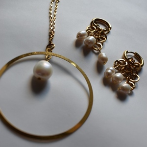 Glam Pearls Necklace and Earrings - ημιπολύτιμες πέτρες, ατσάλι, σετ κοσμημάτων