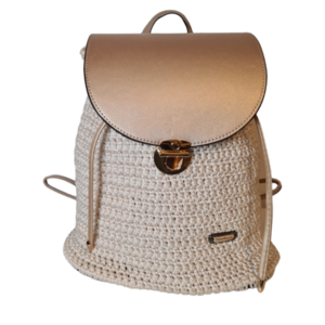 Handmade πλεκτό backpack golden beige - νήμα, πλάτης, δερματίνη, πλεκτές τσάντες