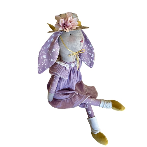 Κούκλα πάνινο κουνελάκι κορίτσι με ψάθινο καπέλο 55cm - κορίτσι, λούτρινα, πασχαλινά δώρα, κουνελάκι - 4