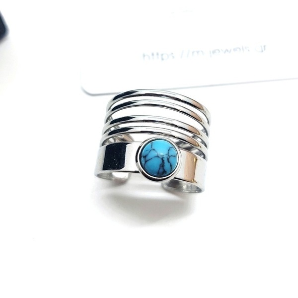 Ατσάλινο δαχτυλίδι με μπλε Χαολίτη σε προσαρμοζόμενο μέγεθος - ημιπολύτιμες πέτρες, ατσάλι, αυξομειούμενα