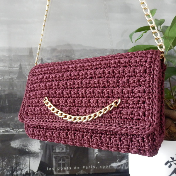 crochet bordeaux bag πλεκτή χειροποιήτη τσάντα σε χρώμα μπορντώ - νήμα, ώμου, all day, πλεκτές τσάντες, βραδινές