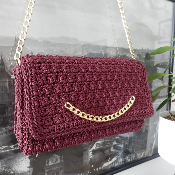 crochet bordeaux bag πλεκτή χειροποιήτη τσάντα σε χρώμα μπορντώ - νήμα, ώμου, all day, πλεκτές τσάντες, βραδινές - 2