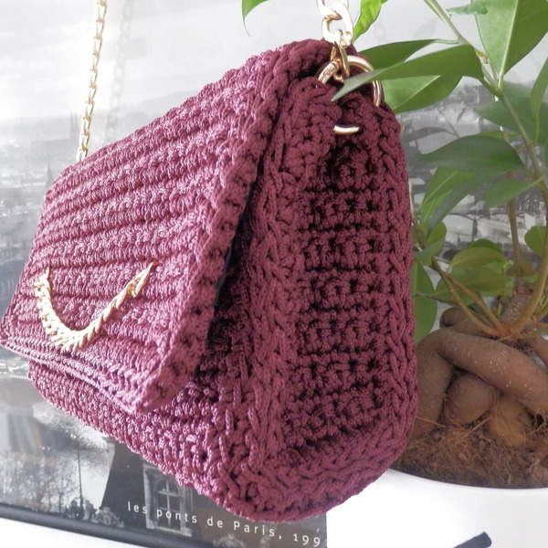 crochet bordeaux bag πλεκτή χειροποιήτη τσάντα σε χρώμα μπορντώ - νήμα, ώμου, all day, πλεκτές τσάντες, βραδινές - 3