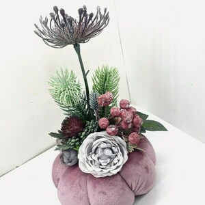 Βελουδινη κολοκύθα ροζ, με λουλούδια. - ύφασμα, γυναικεία, διακοσμητικά, χριστουγεννιάτικα δώρα, κολοκύθα - 2