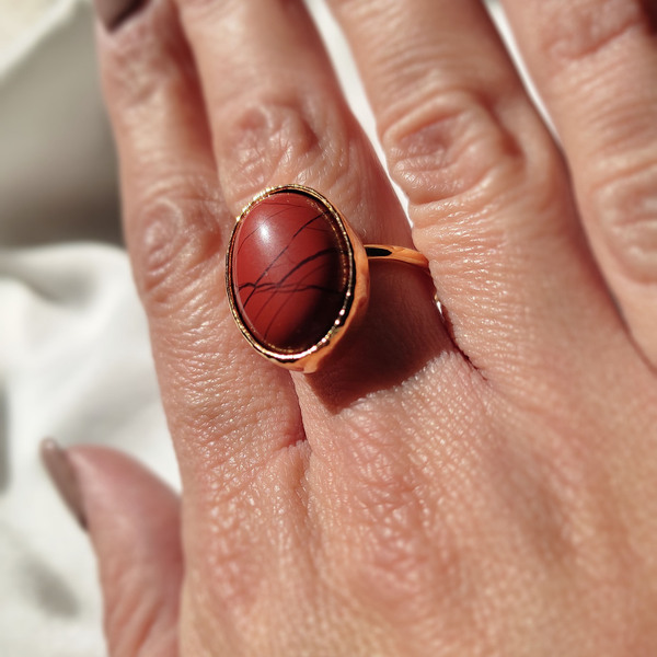 Γυναικείο Δαχτυλίδι με ημιπολύτιμο λίθο κόκκινο ίασπι. - ημιπολύτιμες πέτρες, επιχρυσωμένα, boho, αυξομειούμενα - 3
