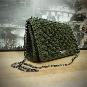 crochet chaki bag πλεκτή χειροποιήτη τσάντα σε χρώμα χακί - νήμα, ώμου, all day, πλεκτές τσάντες, βραδινές - 3