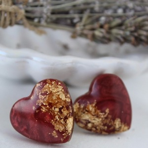 Σκουλαρίκια καρφωτά “red hearts ” από υγρό γυαλί . - γυαλί, επιχρυσωμένα, μικρά, ατσάλι - 3