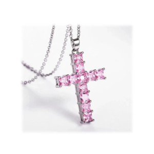 Ατσάλινος ασημί σταυρός με ροζ ζιργκόν 3,7εκ , 6γρ. - σταυρός, κοντά, ατσάλι, ζιργκόν, φθηνά