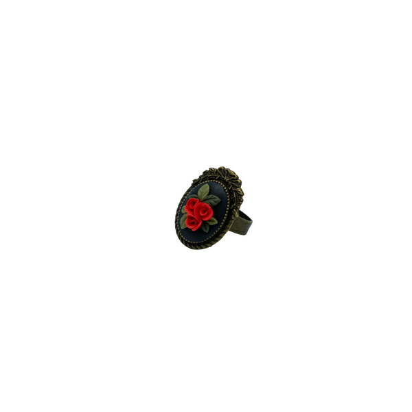 Οβάλ δαχτυλίδι με μαύρη βάση και κόκκινα τριαντάφυλλα από πολυμερικό πηλό - πηλός, φύλλο, λουλούδι, boho, αυξομειούμενα