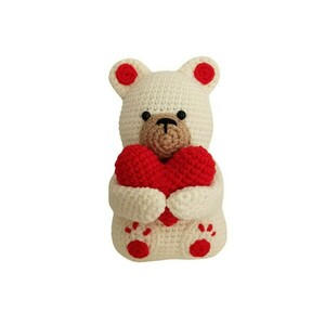 Πλεκτό κρεμ αρκουδάκι με κόκκινη καρδούλα αγκαλιά - 14εκ - μαλλί, διακοσμητικά