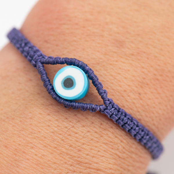 Γυναικείο βραχιόλι μακραμέ ματάκι μώβ από κορδόνι - Womens purple macrame bracelet Evil Eye made from thread - νήμα, μαμά, boho, χεριού, αυξομειούμενα - 3