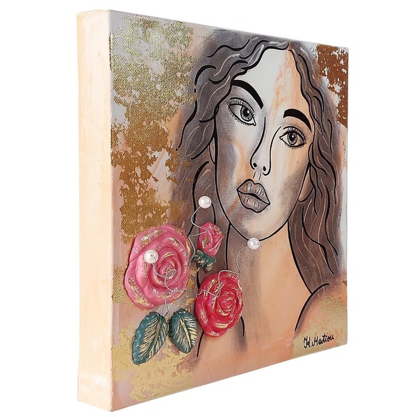 3D Πίνακας ζωγραφικής Κοπέλα με τριαντάφυλλα 30x30cm - πίνακες & κάδρα, 3d, πίνακες ζωγραφικής - 2