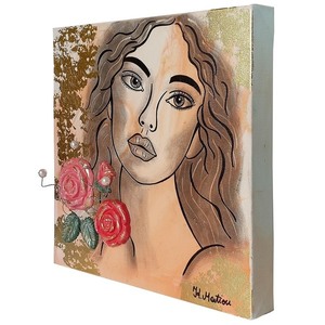 3D Πίνακας ζωγραφικής Κοπέλα με τριαντάφυλλα 30x30cm - πίνακες & κάδρα, πίνακες ζωγραφικής - 3